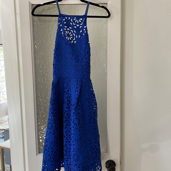 Floral Lace High Neck Royal Blue Mini Dress - Charlotte Russe - Picture 1 of 3